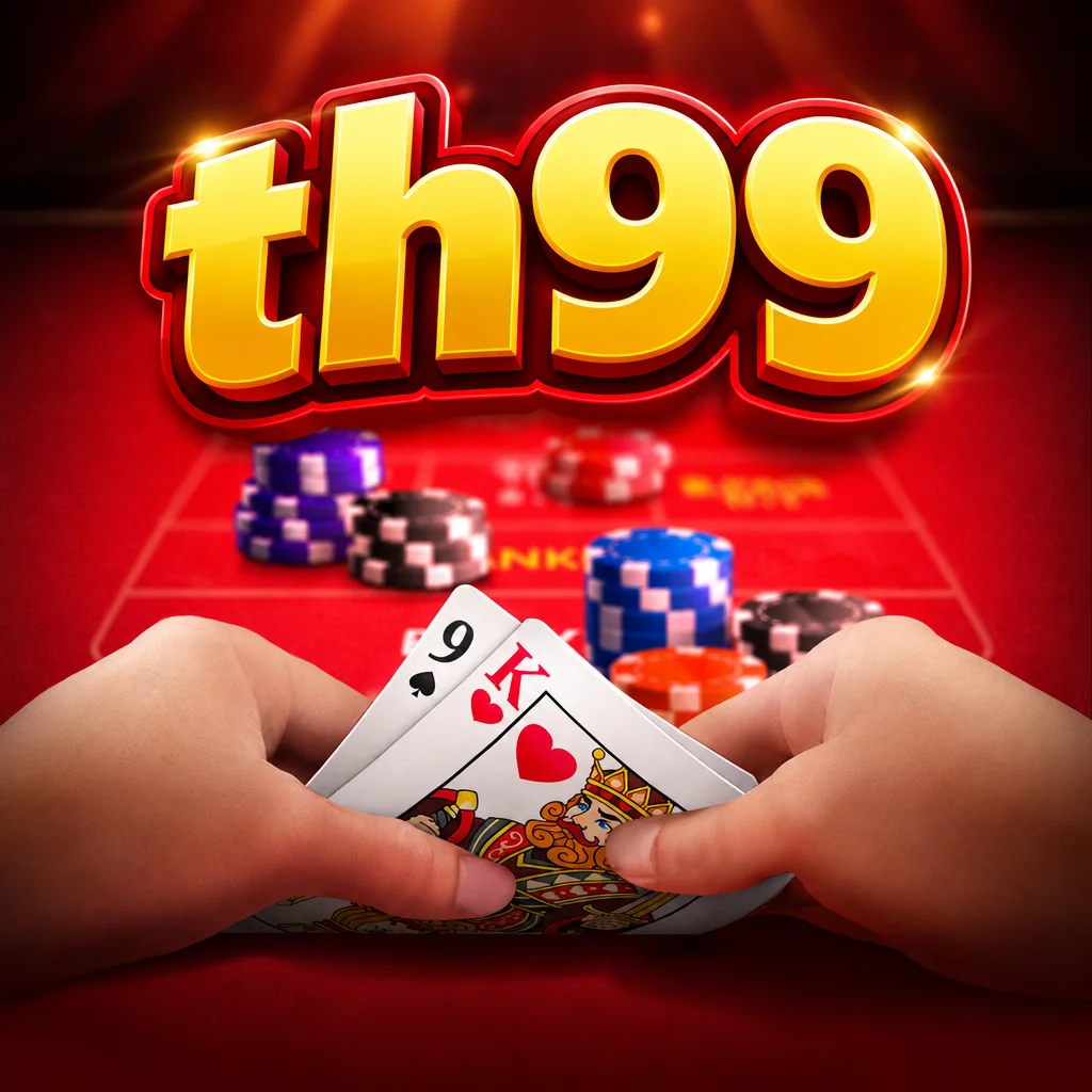 th99 แสดงโต๊ะเกม Baccarat Deluxe พร้อมมือที่ถือไพ่และชิปคาสิโนบนพื้นหลังสีแดง