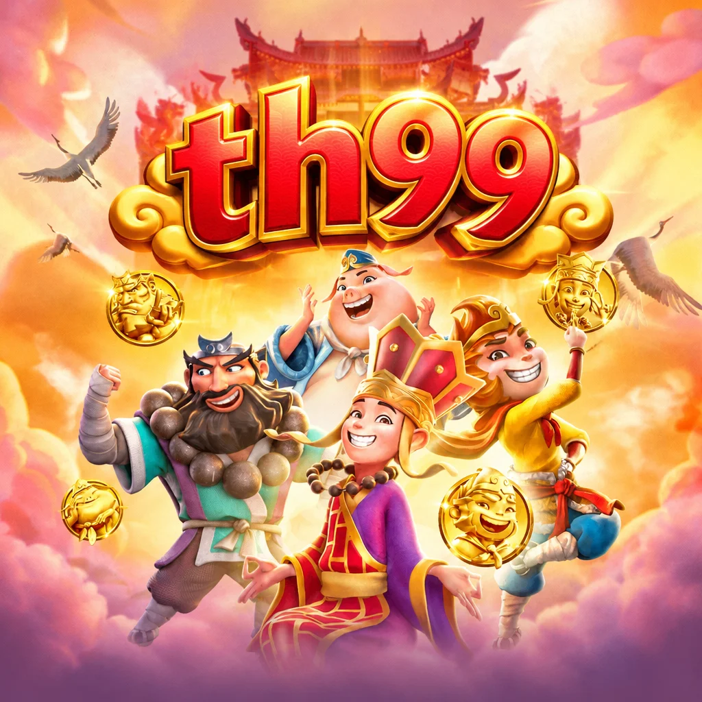 th99 เกม Journey To The Wealth กับตัวละครไซอิ๋วและเหรียญทองบนท้องฟ้าสีส้ม